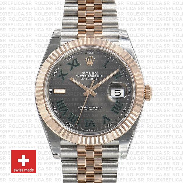 Rolex Datejust 41 Jubilee 2 Tone 18k Rose Gold Fluted Bezel Slate Grey Dial Roman Markers 126331 Swiss Replica