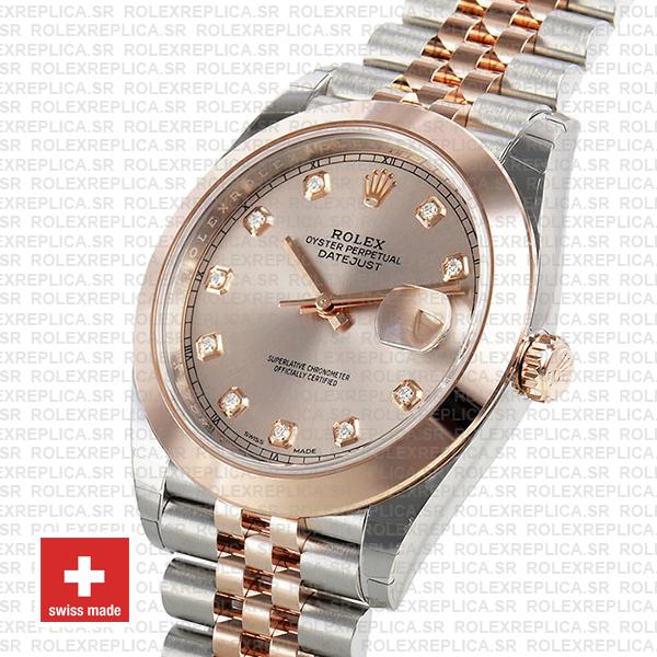 Rolex Datejust 41 Jubilee 2 Tone 18k Rose Gold Smooth Bezel Pink Dial Diamond Markers 126301 Swiss Replica