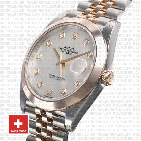 Rolex Datejust 41 Jubilee 2 Tone 18k Rose Gold Smooth Bezel White Mop Dial Diamond Markers 126301 Swiss Replica