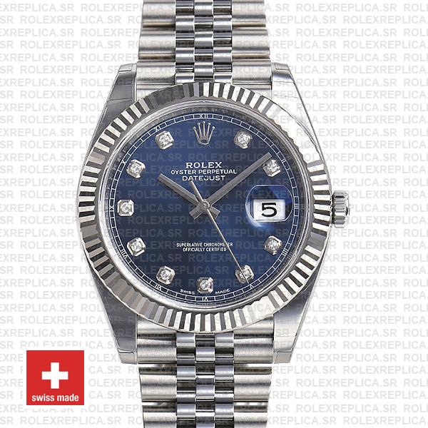 Rolex Datejust 41 Jubilee 2 Tone 18k White Gold Fluted Bezel Blue Dial Diamond Markers 126334 Swiss Replica