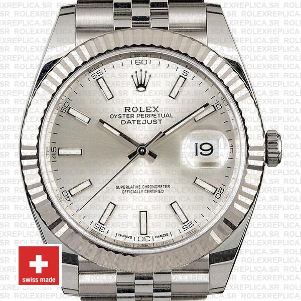 Rolex Datejust 904L Stainless Steel Silver Dial Stick Markers 18k White Gold Fluted Bezel with Jubilee Bracelet Replica Watch