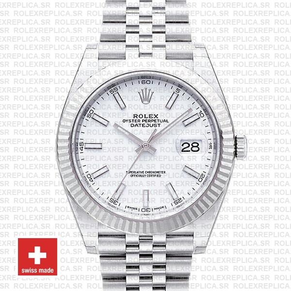 Rolex Datejust 41 Jubilee 2 Tone 18k White Gold Fluted Bezel White Dial Stick Markers 126334 Swiss Replica