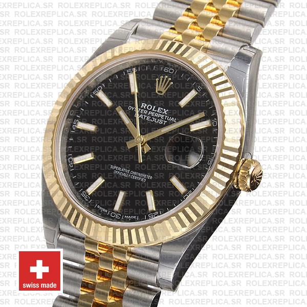 Rolex Men's Datejust Watch - 116233-BLKSFJ - 36mm - Black Stick Dial - Yellow Rolesor Case - Fluted Bezel - Yellow Rolesor Jubilee Bracelet