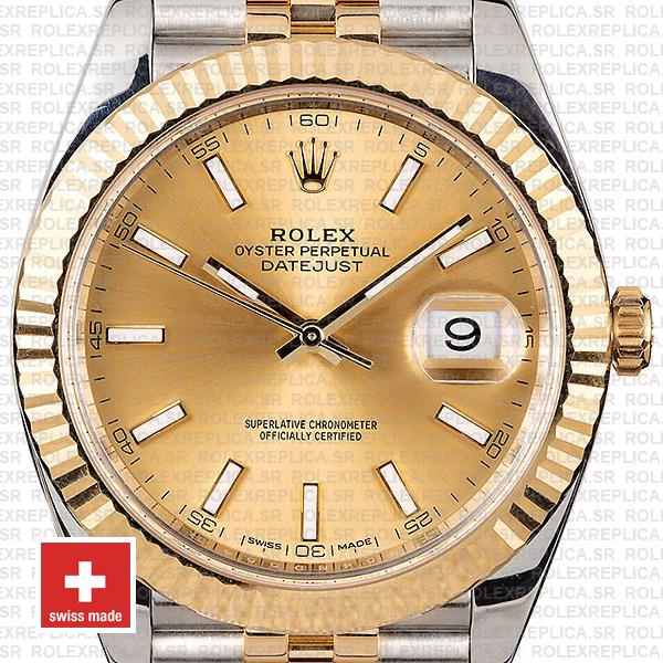 Rolex Datejust 41 Jubilee 2 Tone 18k Yellow Gold Flutted Bezel Gold Dial Stick Markers 126333 Swiss Replica