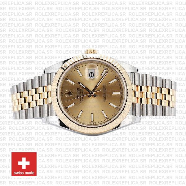Rolex Oyster Perpetual Datejust 18k Yellow Gold Two-Tone Gold Dial Stainless Steel 41mm Jubilee Bracelet with Fluted Bezel Watch