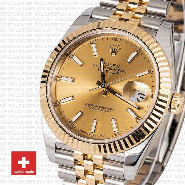 Rolex Oyster Perpetual Datejust 18k Yellow Gold Two-Tone Gold Dial Stainless Steel 41mm Jubilee Bracelet with Fluted Bezel