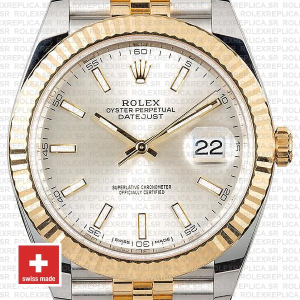 Rolex Datejust 41 Jubilee 2 Tone 18k Yellow Gold Flutted Bezel Silver Dial Stick Markers 126333 Swiss Replica