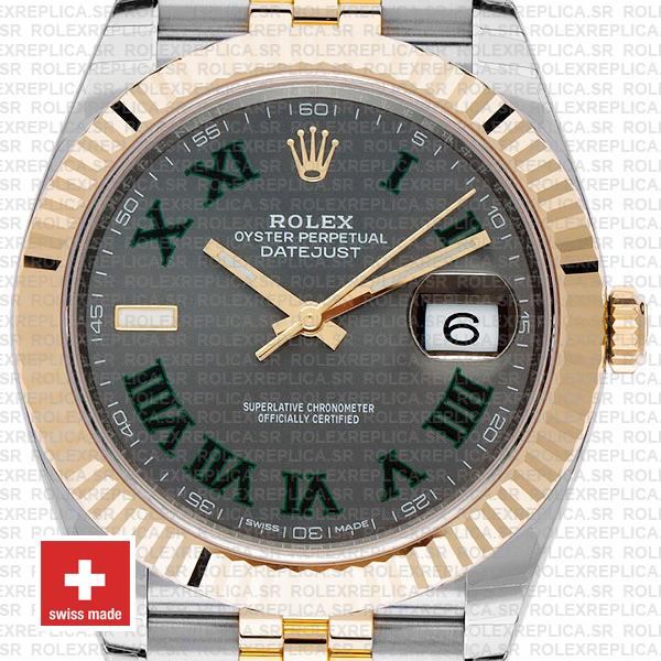 Rolex Datejust 41 Jubilee 2 Tone 18k Yellow Gold Flutted Bezel Slate Grey Dial Roman Markers 126333 Swiss Replica