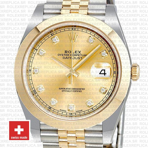 Rolex Datejust 41 Jubilee Two-Tone 18k Yellow Gold 904L Steel Smooth Bezel Gold Dial Diamonds