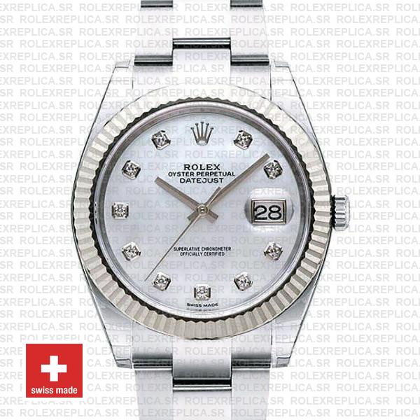 Rolex Datejust 41 Oyster 18k W Gold Fluted Bezel White Mop Dial Diamond Markers 126334