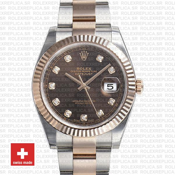 Rolex Datejust 41 Oyster 2 Tone 18k Rose Gold Fluted Bezel Chocolate Dial Diamond Markers 126331 Swiss Replica