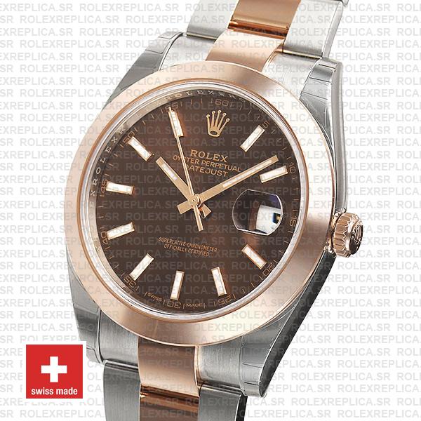 Rolex Datejust 41 Oyster 2 Tone 18k Rose Gold Smooth Bezel Chocolate Dial Stick Markers 126301 Swiss Replica