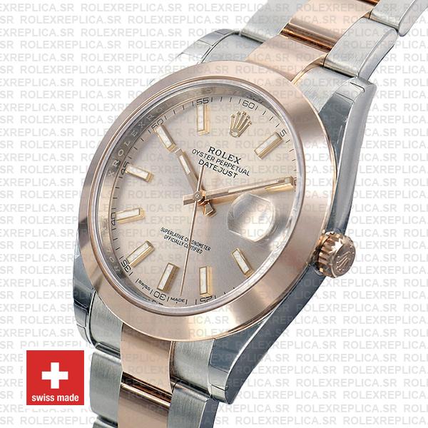 Rolex Datejust 41 Oyster 2 Tone 18k Rose Gold Smooth Bezel Pink Dial Stick Markers 126301 Swiss Replica