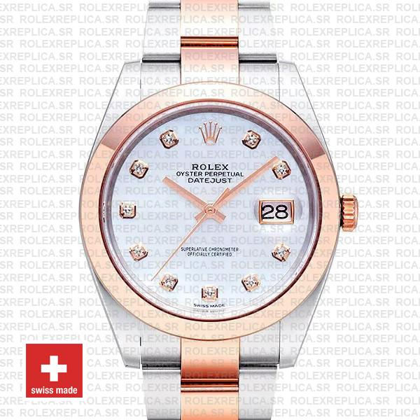 Rolex Datejust 41 Oyster 2 Tone 18k Rose Gold Smooth Bezel White Mop Dial Diamond Markers 126301 Swiss Replica