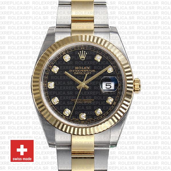 Rolex Datejust 41 Oyster 2 Tone 18k Yellow Gold Fluted Bezel Black Dial Diamond Markers 126333 Swiss Replica