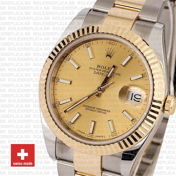 Rolex Datejust 41 Oyster 2 Tone 18k Yellow Gold Fluted Bezel Gold Dial Stick Markers 126333 Swiss Replica