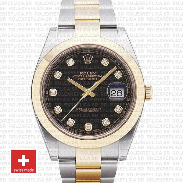 Rolex Datejust 41 Oyster 2 Tone 18k Yellow Gold Smooth Bezel Black Dial Diamond Markers 126303 Swiss Replica