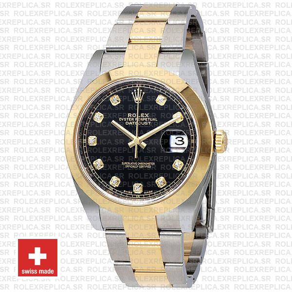 Rolex Datejust 41 Oyster 2 Tone 18k Yellow Gold Smooth Bezel Black Dial Diamond Markers 126303 Swiss Replica