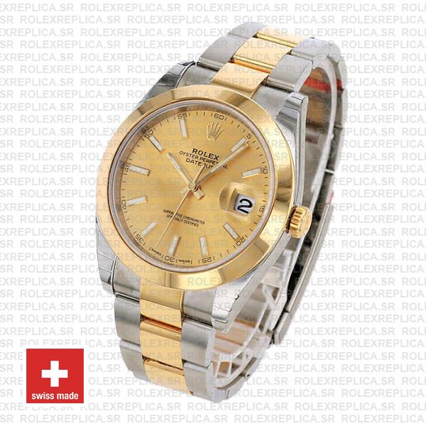 Rolex Datejust 41 Oyster 2 Tone 18k Yellow Gold Smooth Bezel Gold Dial Stick Markers 126303 Swiss Replica