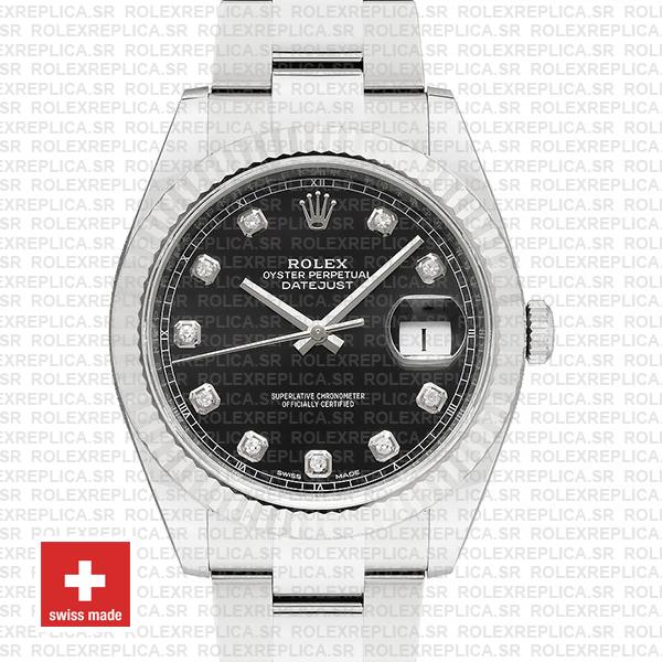 Rolex Datejust 41 Oyster 904l Steel 18k W Gold Fluted Bezel Black Dial Diamond Markers 126334 Swiss Replica