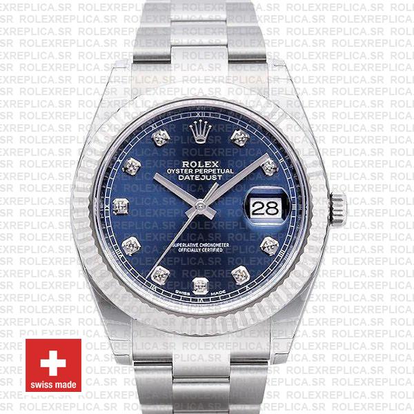 Rolex Datejust 41 Oyster 904l Steel 18k W Gold Fluted Bezel Blue Dial Diamond Markers 126334 Swiss Replica