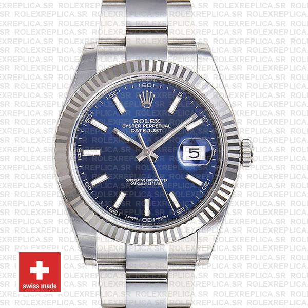 Rolex Datejust 41 Oyster 904l Steel 18k W Gold Fluted Bezel Blue Dial Stick Markers 126334 Swiss Replica