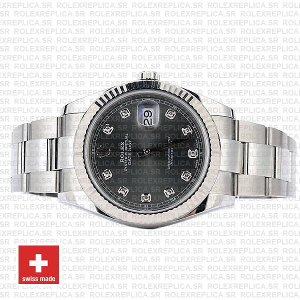 Rolex Datejust 41 Oyster Steel 18k W Gold Fluted Bezel Dark Rhodium Grey Dial Diamond Markers 126334