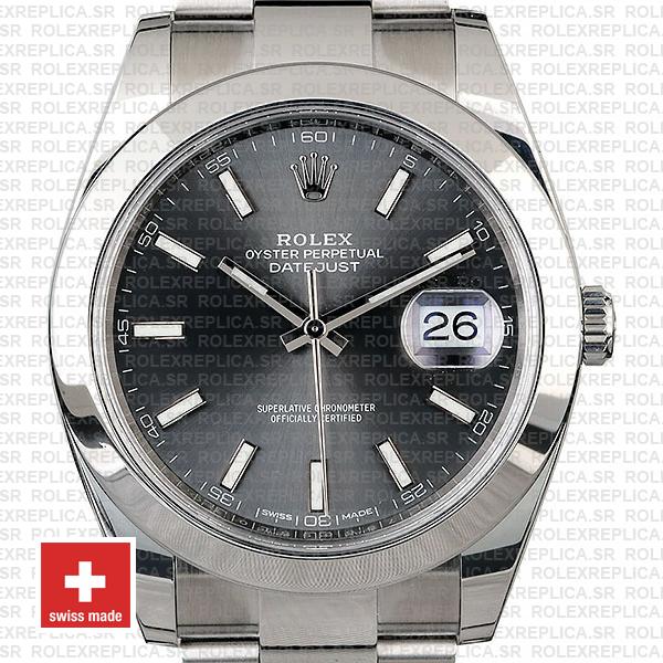 Rolex Datejust 41 Oyster Steel Smooth Bezel Dark Rhodium Grey Dial Stick Markers 126300