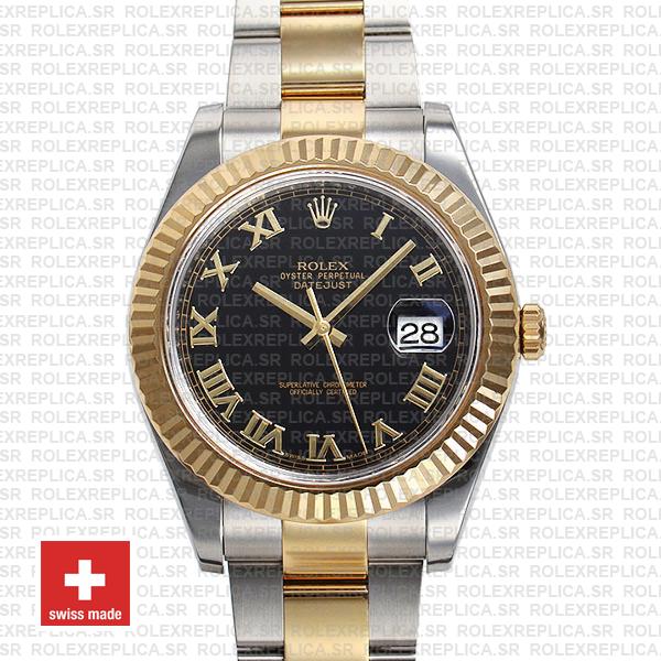 Rolex Datejust Ii 2 Tone Black Dial Gold Roman Markers 41mm 116333 Swiss Replica