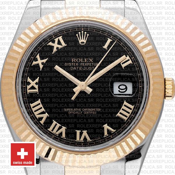 Rolex Datejust Ii 2 Tone Black Dial Gold Roman Markers 41mm 116333 Swiss Replica