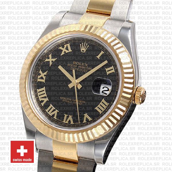 Rolex Datejust Ii 2 Tone Black Dial Gold Roman Markers 41mm 116333 Swiss Replica