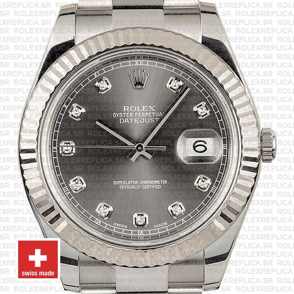 Rolex Datejust Ii Steel 18k White Gold Black Diamonds 41mm 116334 Swiss Replica