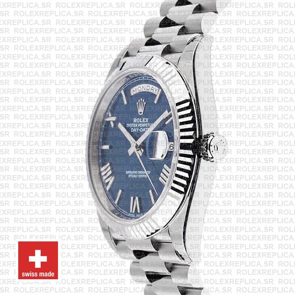 Rolex Day-Date 40 White Gold Blue Roman Dial 904L Steel, President Bracelet with Fluted Bezel Swiss Replica