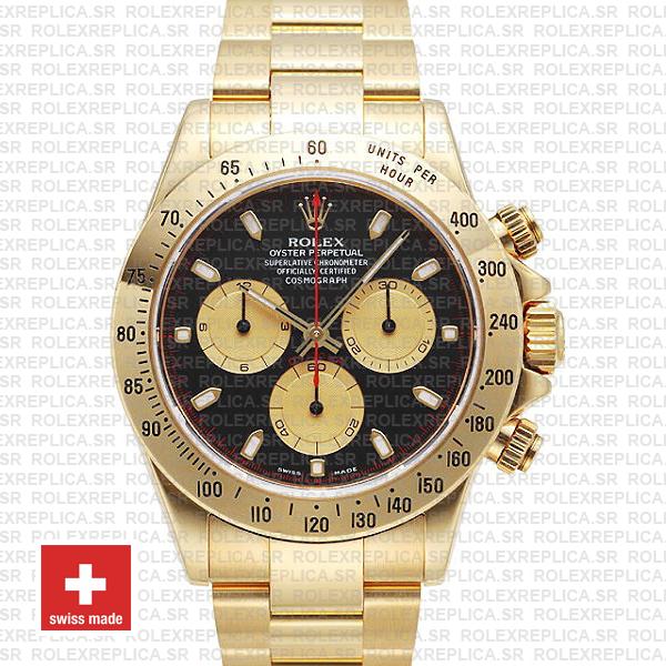 Rolex 116528 Daytona Yellow Gold Black Dial Gold Subdials 40mm Swiss Replica