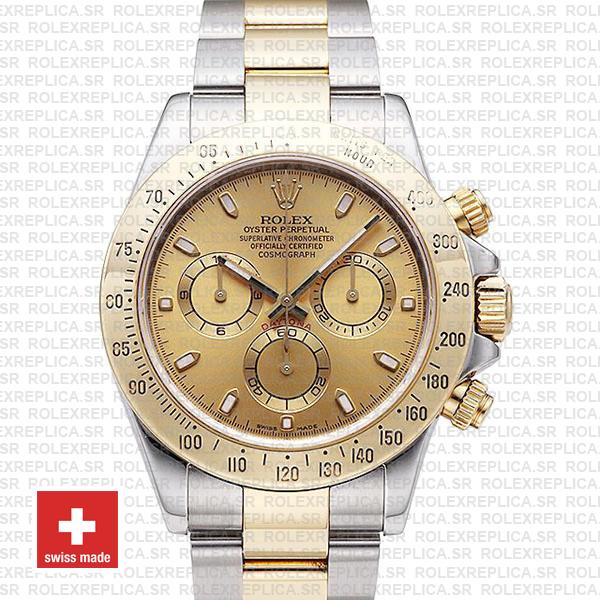 Rolex Cosmograph Daytona 18k Yellow Gold in Two-Tone with Gold Dial 904L Steel Oyster