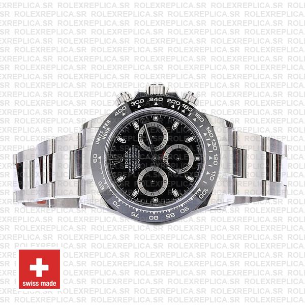 Rolex Oyster Perpetual Cosmograph Daytona Stainless Steel Watch with an Oyster Bracelet features a Black Ceramic bezel
