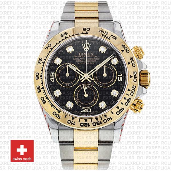 Rolex Cosmograph Daytona 40mm 18k Yellow Gold Two-Tone Black Diamond Dial 904L Stainless Steel Replica Watch