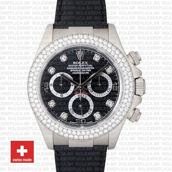 Rolex Daytona White Gold Black Dial Diamond Bezel Replica