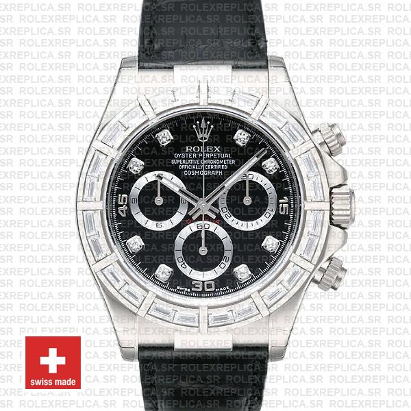 Rolex Daytona White Gold Black Diamond Dial Leather Replica