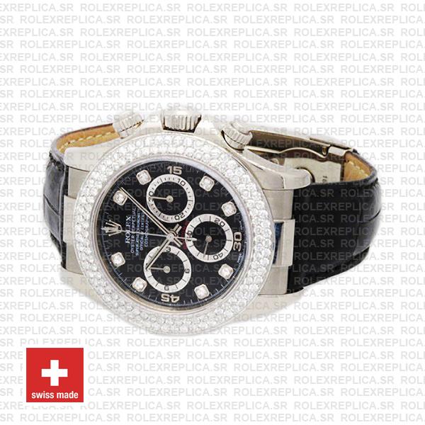 Rolex Daytona Leather White Gold Black Diamond Markers Bezel 116519 Swiss Replica 40mm 3