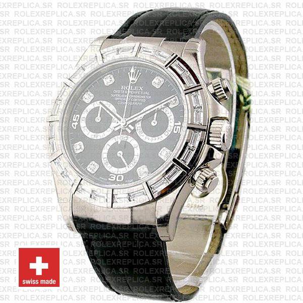 Rolex Daytona 18k White Gold, Leather Strap Black Dial Diamond Hour Markers