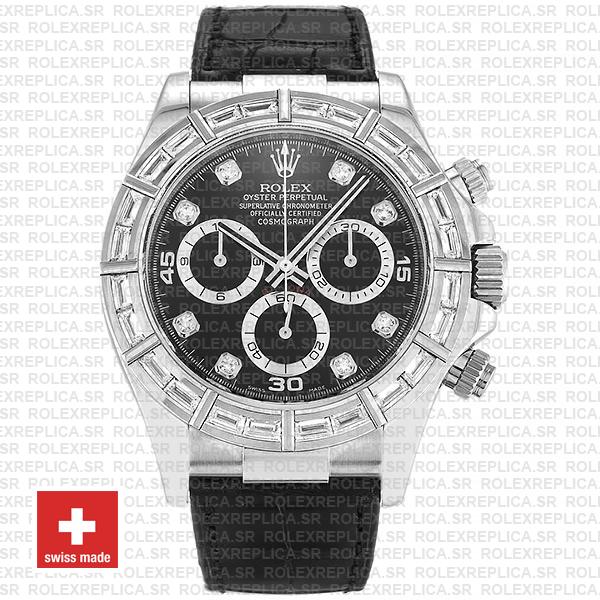 Rolex Daytona Leather White Gold Black Diamond Markers Bezel 116519 Swiss Replica 40mm