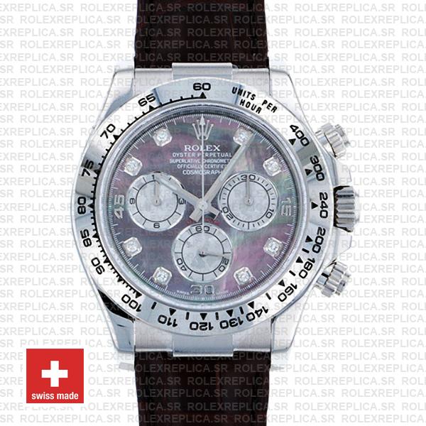 Rolex Daytona Real Leather Strap Black MOP Diamond Replica Watch