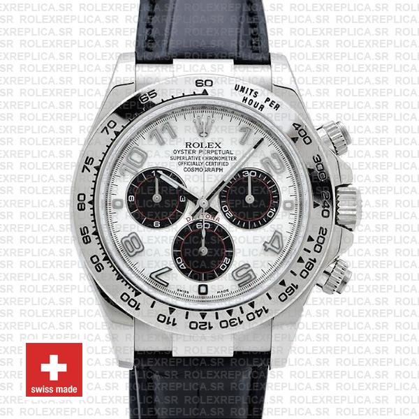 Rolex Daytona 18k White Gold Leather Strap White Dial Watch