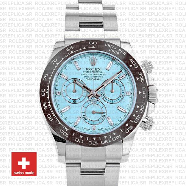 Rolex Daytona Stainless Steel Platinum, Ice Blue Dial with 904L Steel Oyster Bracelet & Brown Ceramic Bezel Watch