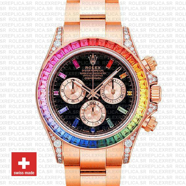 Rolex Daytona 18k Rose Gold Rainbow Bezel Replica Watch