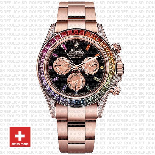 Rolex Daytona 18k Rose Gold Rainbow Bezel Swiss Replica Watch