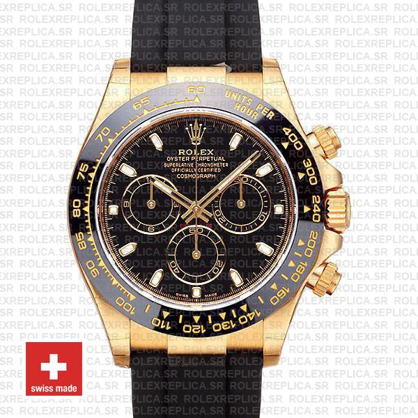 Rolex Daytona Gold Black Dial Rubber Strap | Replica Watch