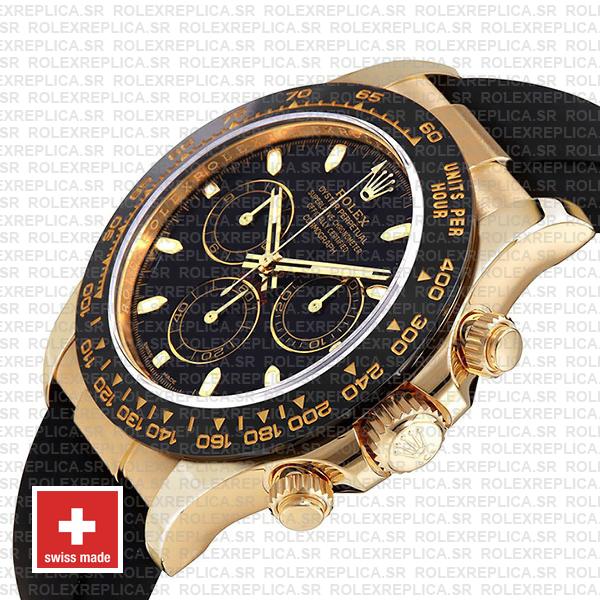 Rolex Daytona Gold Black Dial Rubber Strap Swiss Replica Watch