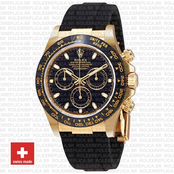 Rolex Daytona Gold Black Dial Rubber Strap Rolex Replica Watch